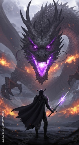 Knight Facing the Shadow Dragon Epic Fantasy Battle Artwork