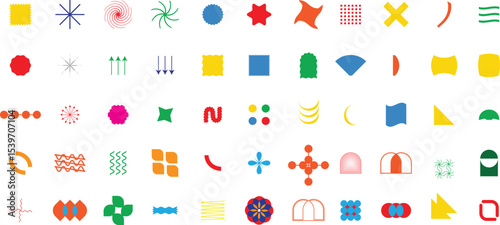 Set of geometric shapes. Memphis design, retro Smile brush hand drawn vector element set. Emoji fun face, heart, crown symbol