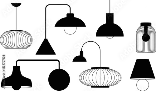 A collection of black and white lamp illustrations with various shapes and styles on a white background
