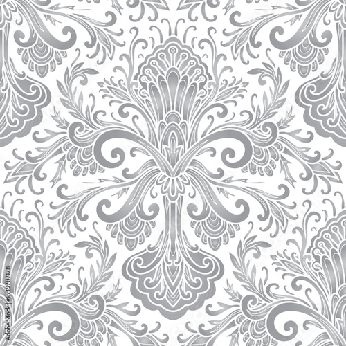 Damask style pattern, paisley floral pattern, grey and white colors. Seamless floral pattern-748.
