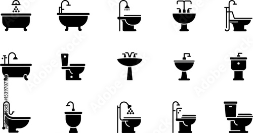 A collection of black bathroom fixture icons including bathtubs sinks and toilets in a grid layout
