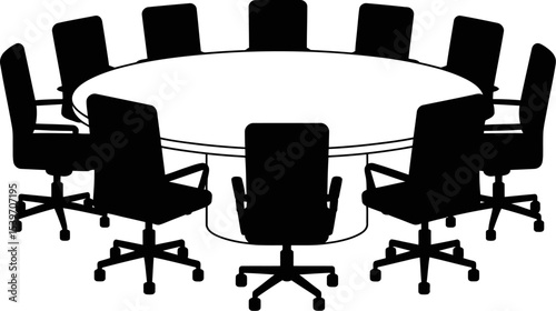 A round table surrounded by ten office chairs in a meeting room with a white background isolated image