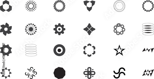 Brutalist abstract geometric shapes and grids. Brutal contemporary figure star oval spiral flower and other primitive elements. Shapes In Perfectly Arranged Pattern