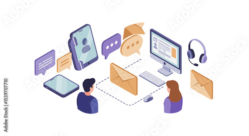 Digital communication and customer support concept with devices and messaging icons vector illustration