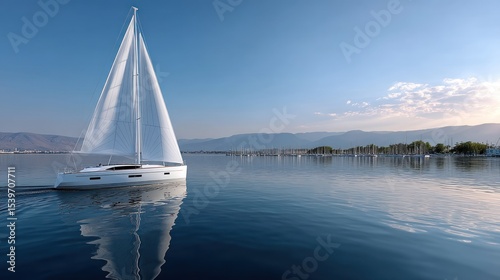 A sleek, white sailboat glides across calm, azure waters under a clear sky.