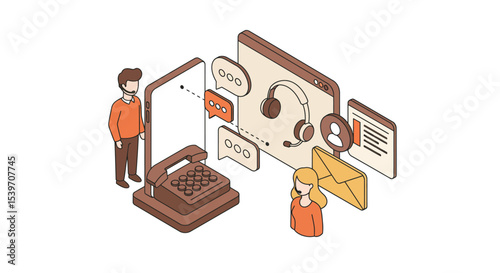 Customer support and communication concept with headphones and messaging icons for digital services vector illustration