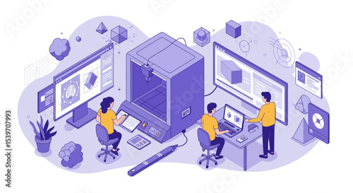 Collaborative 3d printing process in modern workspace with technology enthusiasts vector illustration