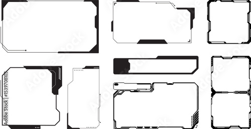 Set of futuristic tech UI frame vectors in high-tech HUD style, ideal for sci-fi interfaces, digital dashboards, virtual overlays, and modern technology-themed design projects.

