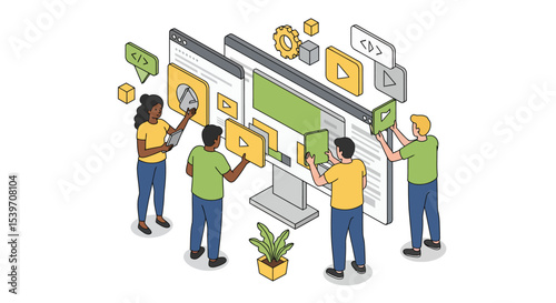 Team collaboration on web development project with diverse group of people creating digital content vector illustration