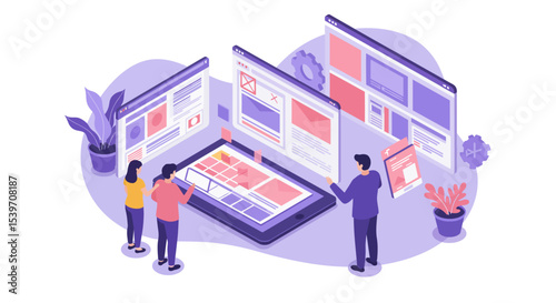 Collaborative web design team analyzing digital project in modern workspace vector illustration