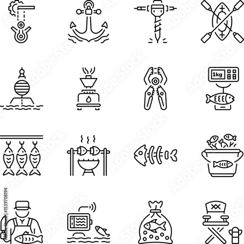 Collection of Fishing Line Style Icons 
