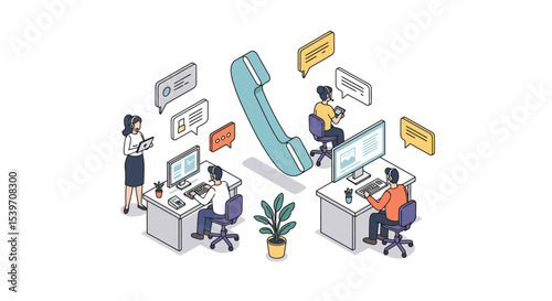 Collaborative call center team concept for efficient customer service design and communication vector illustration