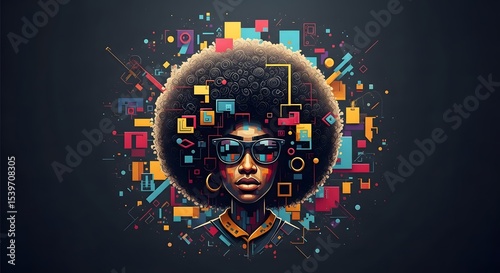 Afrocentric woman with geometric shapes and glasses against a dark background