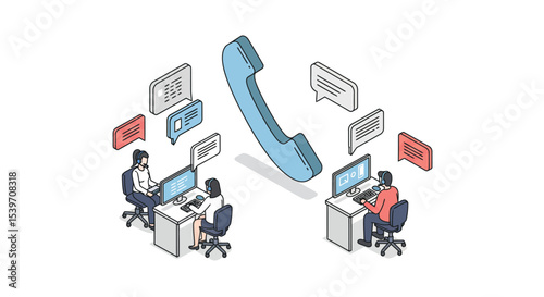 Customer support call center communication with technology and collaboration concepts vector illustration