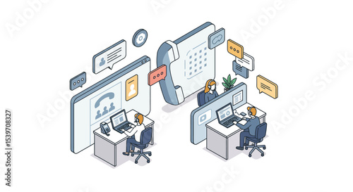 Isometric call center office and customer support workspace illustration vector illustration