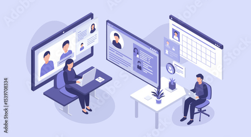 Remote work collaboration with virtual meetings and digital communication tools vector illustration