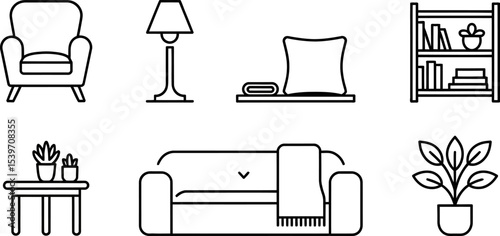 A line drawing of a living room setup with armchair, sofa, lamp, bookshelf and plants in pots