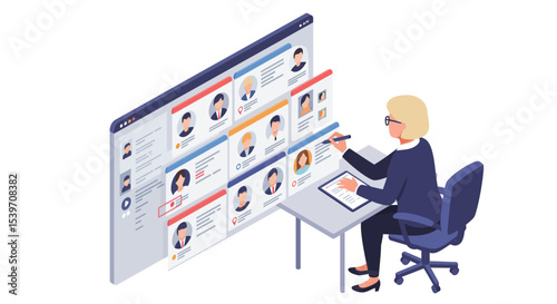 Businesswoman analyzing employee profiles in a digital workspace for recruitment and management vector illustration