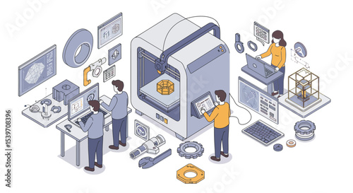 Innovative 3d printing process with engineers and designers collaborating on advanced technology vector illustration