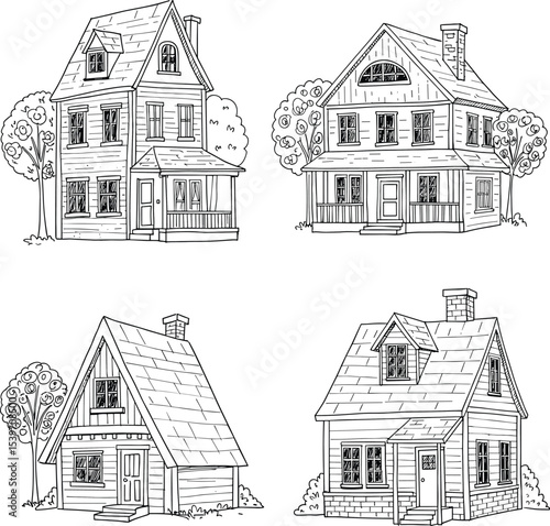 Charming Residential Homes Collection for Kids' Coloring Books: Detailed Architectural Drawings of Diverse House Styles, Perfect for Educational and Creative Activities, Engaging Young Minds.