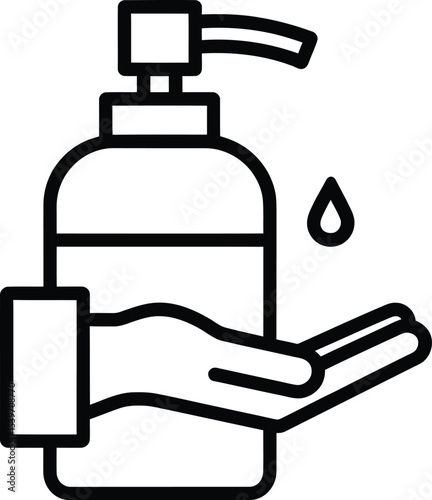 Hand Sanitizer Icon, Disinfectant Bottle with Hand and Drop, Hygiene Vector Illustration in Line Style.