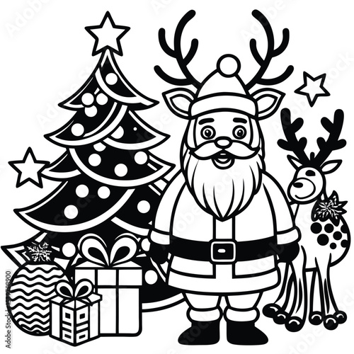 Black and white christmas illustration depicting santa claus reindeer christmas tree gifts