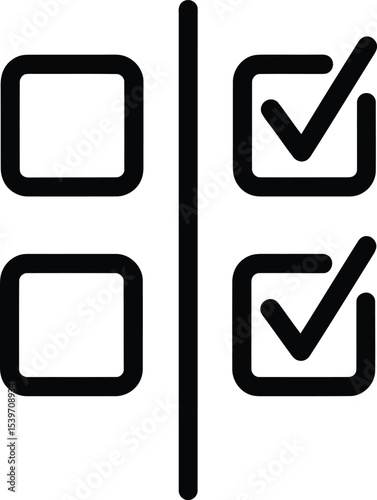 Checklist Comparison Icon, Blank vs Checked Boxes, Vector Illustration in Black Line Style.
