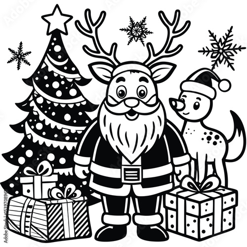 Black and white illustration of santa claus with reindeer antlers and a festive puppy
