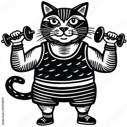 A black and white cartoon cat lifting dumbbells exercising and working out for fitness goals