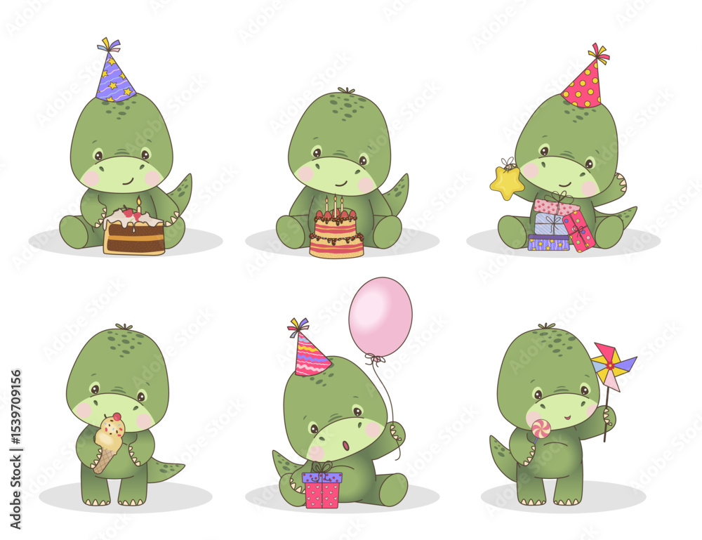 Fototapeta premium Set of cute green dinosaur and birthday party elements. Vector illustration of isolated dinosaur with presents, caps and balloon for cards, posters, invitations and kids party decoration