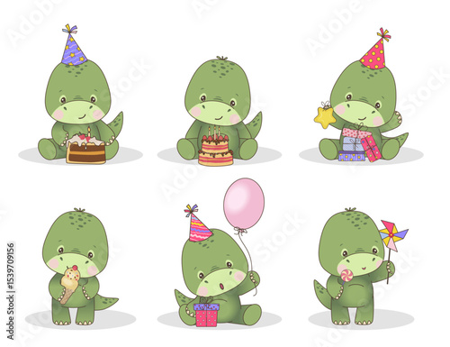 Set of cute green dinosaur and birthday party elements. Vector illustration of isolated dinosaur with presents, caps and balloon for cards, posters, invitations and kids party decoration