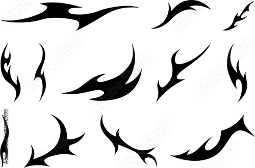 Set of tribal flame tattoo vector elements with sharp abstract curves and dynamic silhouettes perfect for decals, stickers, digital art, custom prints, and edgy graphic design projects