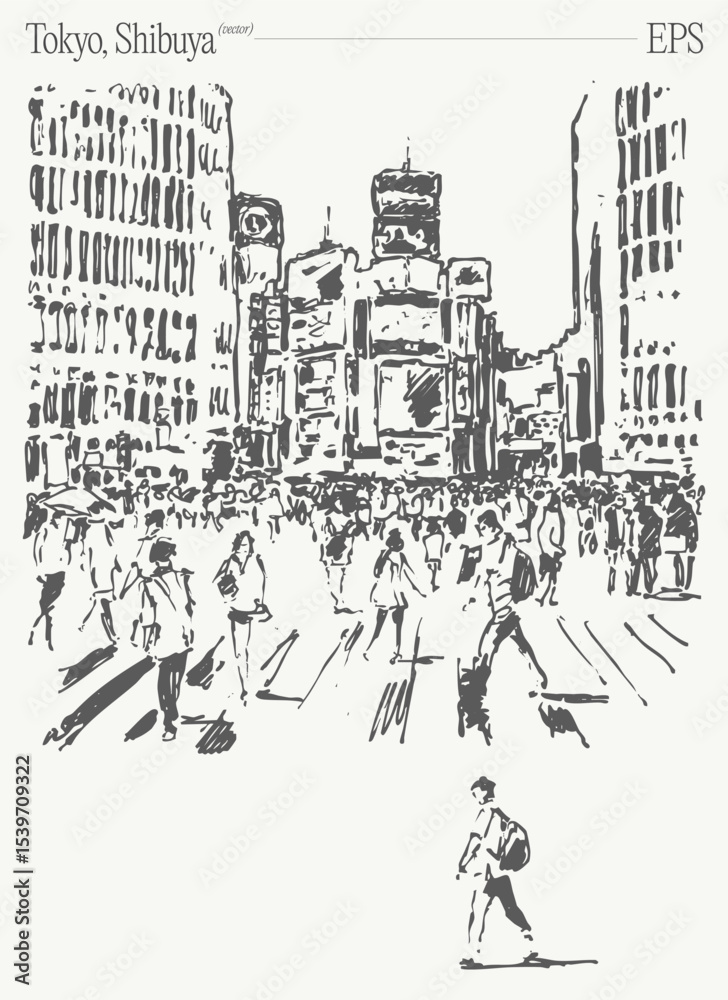 Obraz premium Monochrome artwork of iconic Tokyo Shibuya Crossing, highlighting city life and urban culture