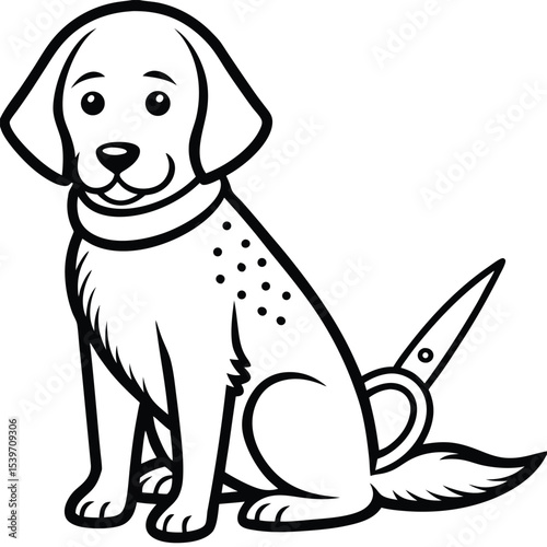 Adorable cartoon labrador retriever sitting with scissors representing dog grooming and care
