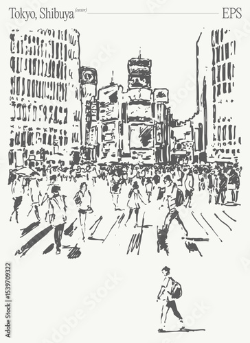 Monochrome artwork of iconic Tokyo Shibuya Crossing, highlighting city life and urban culture