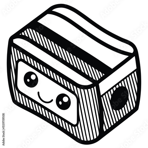 Adorable cartoon pencil sharpener illustration featuring a smiling character and simple black and white design