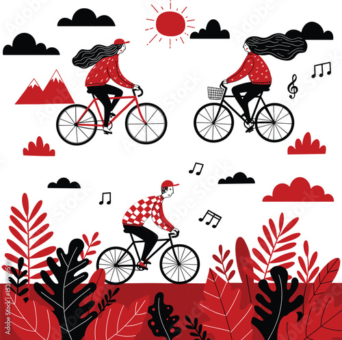 Whimsical illustration of people enjoying a leisurely bike ride in a vibrant park setting with mountains and musical notes, symbolizing outdoor recreation, healthy lifestyle, freedom,