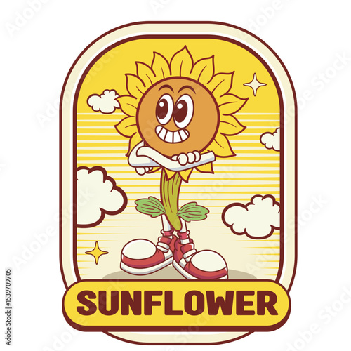 Vector Illustration of Sunflower Mascot with Retro Cartoon Mascot Available for Logo Badge