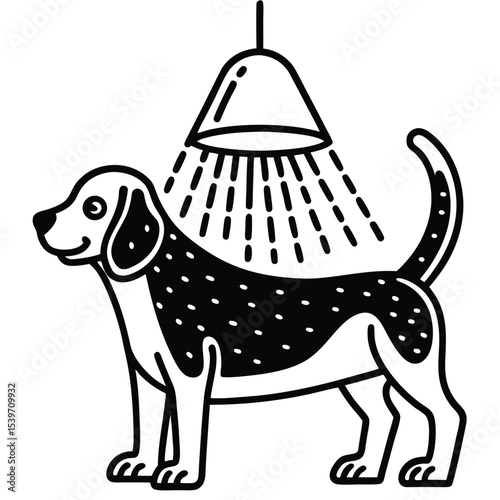 Black and white line art illustration of a beagle dog taking a shower