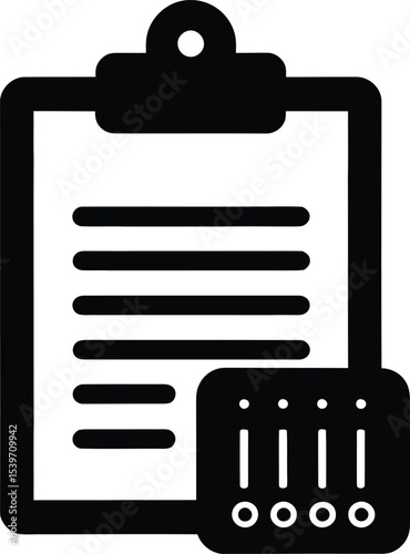 Black Clipboard with Checklist and Settings Icon – Flat Task Management Symbol Vector