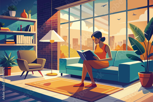 Illustration of woman reading book on sofa inside modern cozy living room interior apartment.