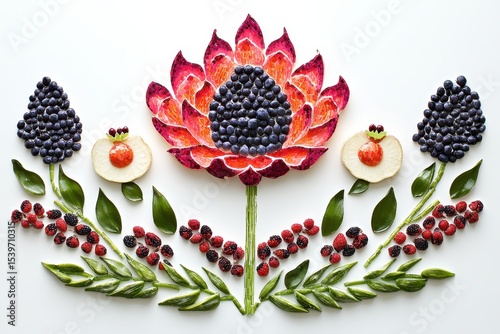 Colorful Flower Arrangement Made of Fresh Fruits and Leaves