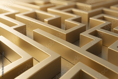 Abstract golden maze with geometric pattern and glossy light reflections on smooth surface as business strategy background concept in minimal style.