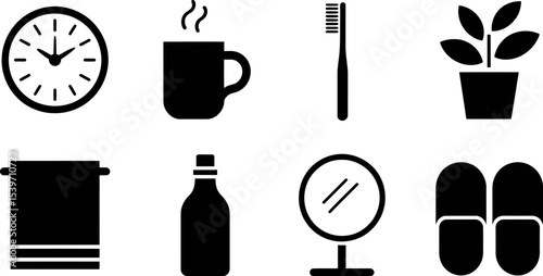 Black and white bathroom icons including clock coffee cup toothbrush and slippers in a row format
