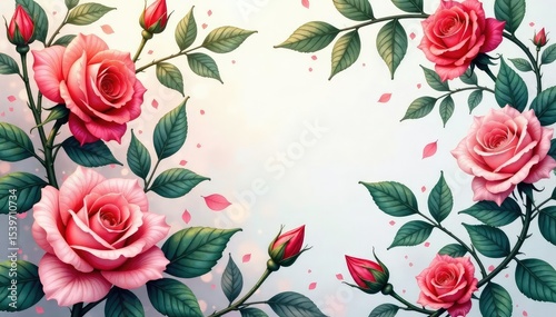 Intricate watercolor rosebuds and leaves, blooming in a swirling pattern , watercolor, elegant, illustration