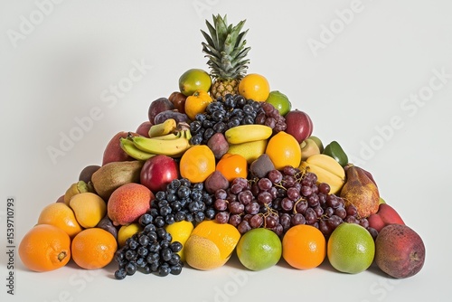 Colorful Pyramid Stack of Fresh Fruits on White Background