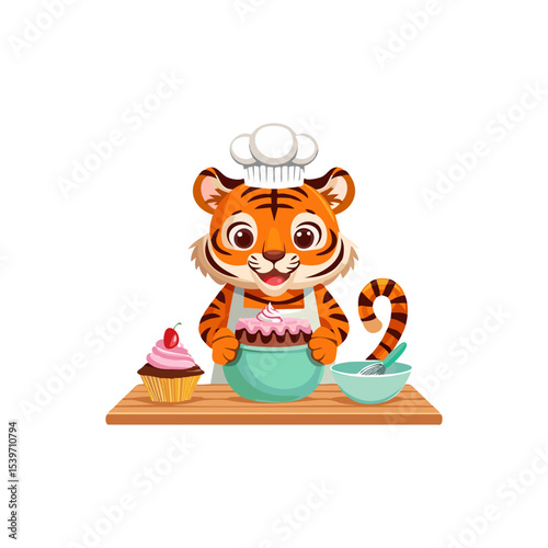 Cute Tiger baking a cake