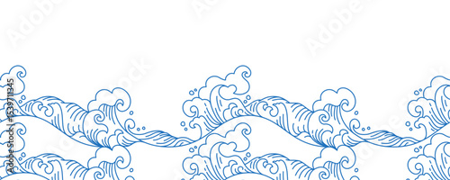 Seamless decorative ocean wave border in hand-drawn Japanese style. Elegant marine pattern for design, print, or textile projects.