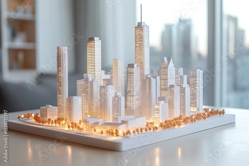 Detailed Architectural Model of Modern City Skyline with Lighting