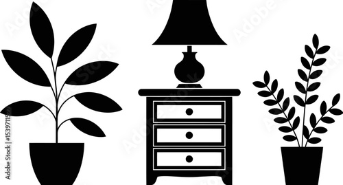 Black and white illustration of a nightstand with lamp and two potted plants in simple minimalist style